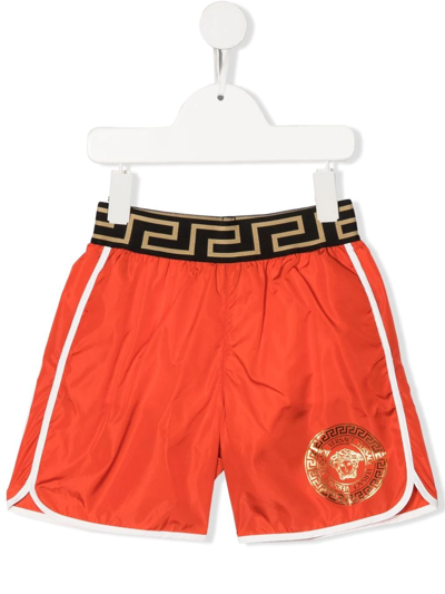 Versace Kids' Medusa Head-print Swim Shorts In Orange