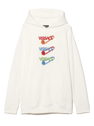 Versace Teen White Triple Print Safety Pin Logo Cotton Hoodie In Neutrals