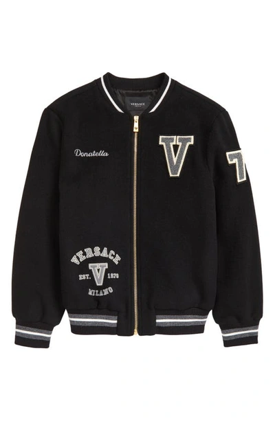 Versace Kids' Versity Logo Patch Wool Blend Varsity Jacket In Black