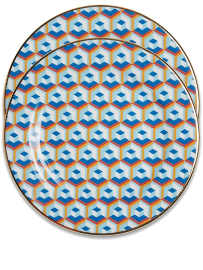 La Doublej Set Of Two Abstract-print Desert Plate In Cubi Blu