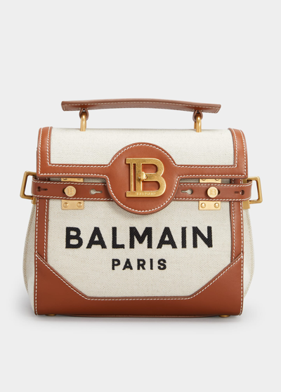 Balmain Bbuzz 22 Top-handle Bag In Canvas And Leather In Multi