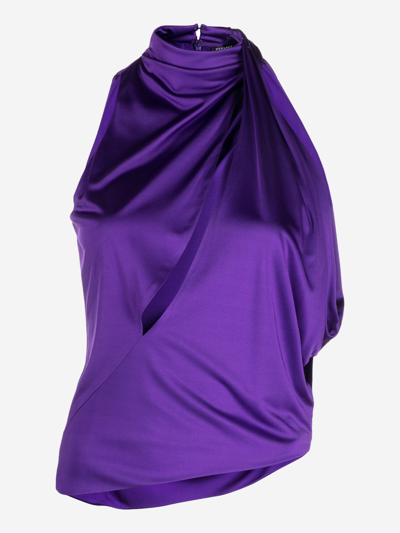 Versace Purple Halterneck Top With Diagonal Cut-out In Viscose Woman