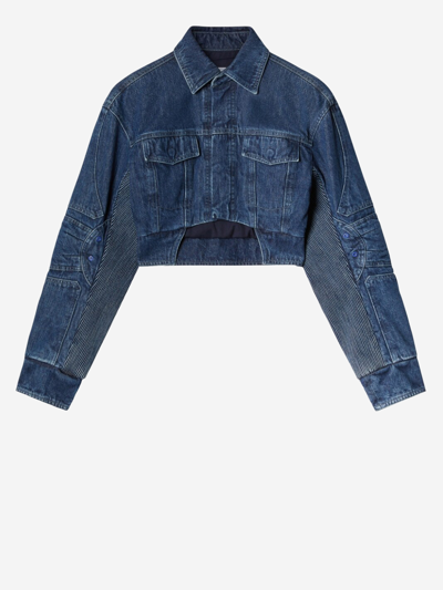 Off-white Cropped Denim Moto Jacket With Front Cutout In Blue
