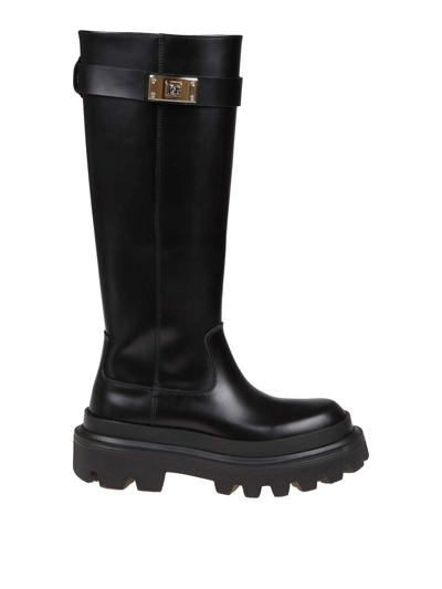 Dolce & Gabbana Women's Black Leather Boots With Logo Plaque