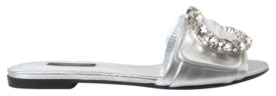 Dolce & Gabbana Silver Crystal Embellished Slides Flat Shoes In Argento Chiari E Naturali
