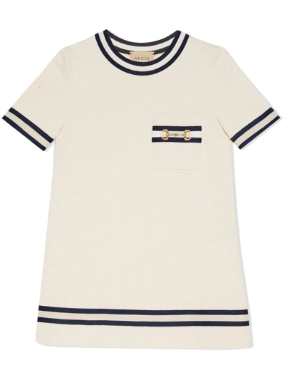 Gucci Kids' Striped-trim Horsebit-embellished Cotton Dress 4-12 Years In Ivory