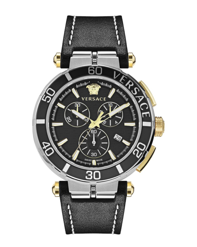 Versace Men's Chronograph Greca Black Leather Strap Watch 45mm In Stainless Steel
