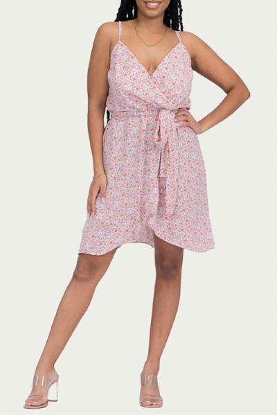 Blue Leopard Floral-print Surplice Jersey Mini Dress In Pink