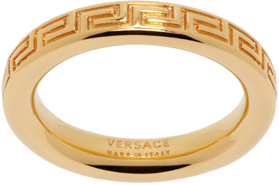 Versace Gold Engraved Greek Key Ring In  Gold