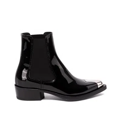 Alexander Mcqueen Black Black Leather Ankle Boots In Black Silver