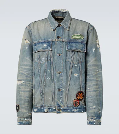 Amiri Vintage Pegasus Embellished Distressed Paint-splattered Denim Trucker Jacket In Blue