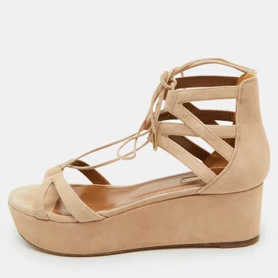 Pre-owned Aquazzura Beige Suede Beverly Hills Platform Sandals Size 38