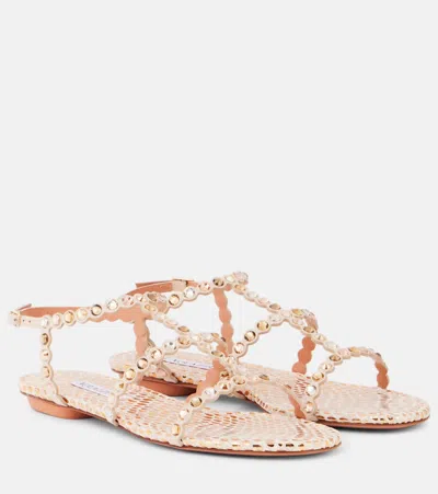 Aquazzura Tequila Embellished Leather Sandals In Beige