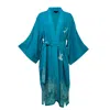 ARTEMIS MUSE WOMEN'S BLUE ORIGAMI & HOKUSAI WAVE EMBROIDERED FULLY LINED DEEP TEAL LONG KIMONO
