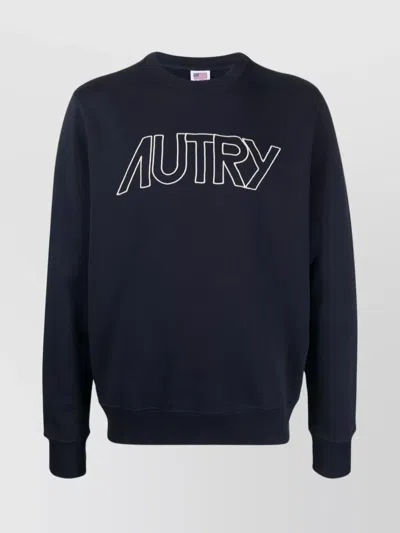 Autry Crew Neck Cotton Jersey Fleece Sweatshirt In Navy Blue