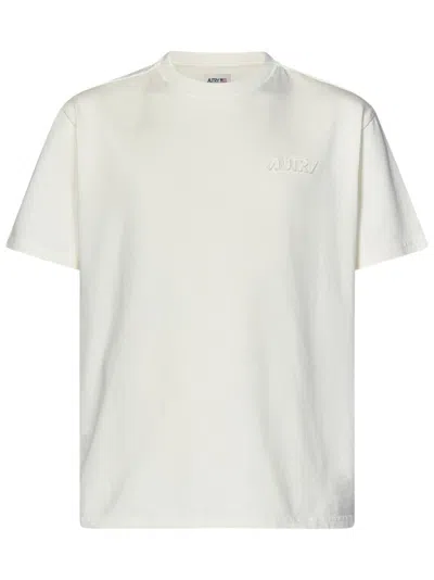 Autry Relaxed-fit White Cotton T-shirt With Embroidered Logo In Beige