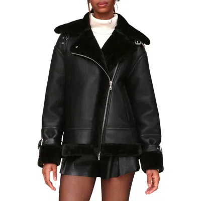Avec Les Filles Oversize Faux Shearling Moto Jacket In Black