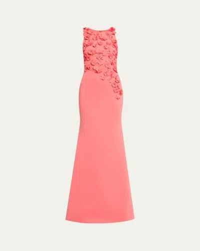 Badgley Mischka 3d Floral Scuba Gown In Coral