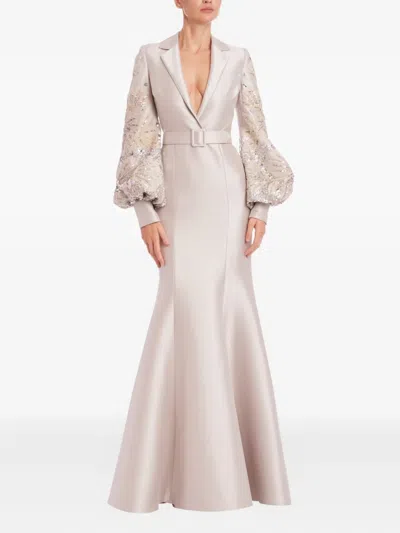 Badgley Mischka Belted Dress With Embellished Balloon Sleeves