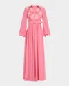 Badgley Mischka Belted Floral-embroidered Shirt Gown