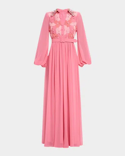 Badgley Mischka Belted Floral-embroidered Shirt Gown