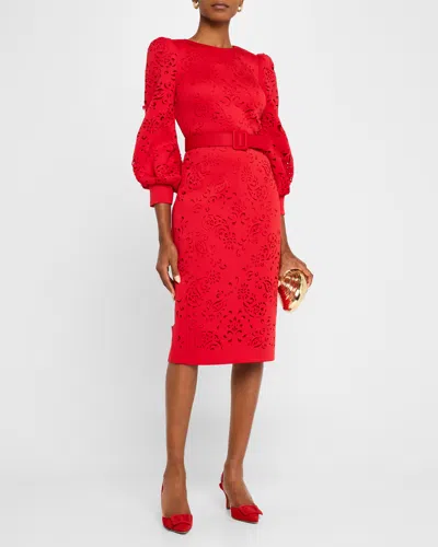 Badgley Mischka Blouson-sleeve Paisley Cutout Dress In Red
