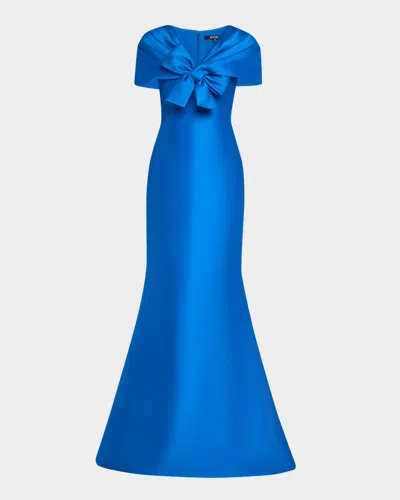 Badgley Mischka Bow-front Shawl Trumpet Gown In Cobalt