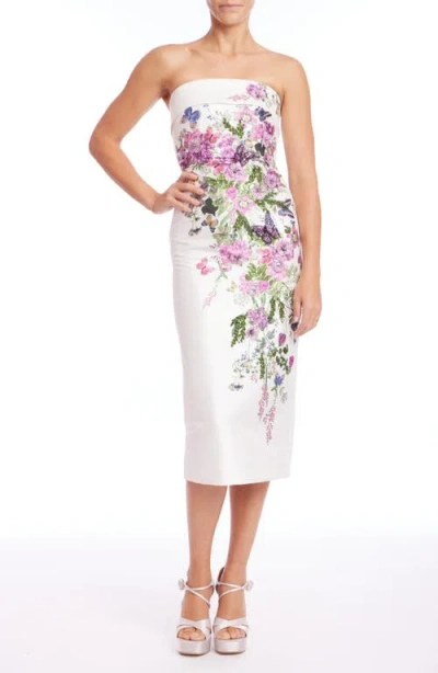 Badgley Mischka Collection Floral Strapless Mikado Cocktail Dress In Ivory Multi