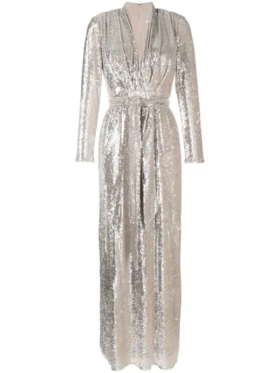 Badgley Mischka Plunge Sequin-column Gown In Silber