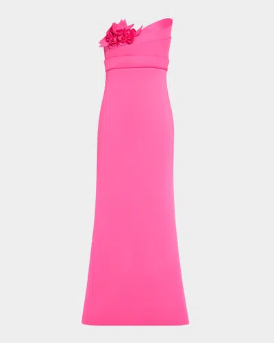 Badgley Mischka Strapless Floral Applique Scuba Gown In Fuchsia
