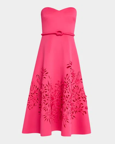 Badgley Mischka Strapless Laser-cut Floral Scuba Midi Dress In Fuchsia