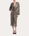 Badgley Mischka V Neck Long Sleeve Plisse Midi Cocktail Dress In Copper In Silver