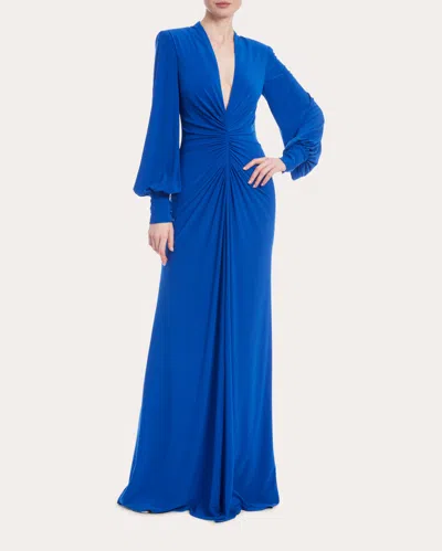 Badgley Mischka Ruched Deep V-neck Jersey Gown In Blue