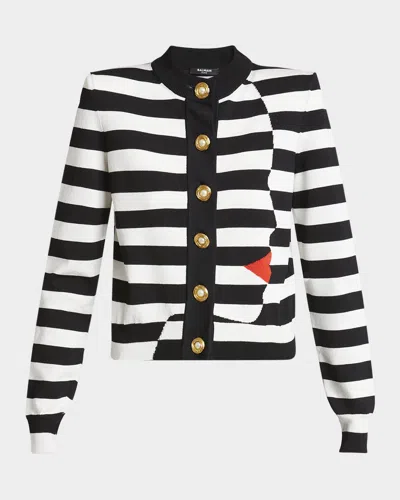 Balmain Face Mariniere Knit Strong-shoulder Cardigan In Black