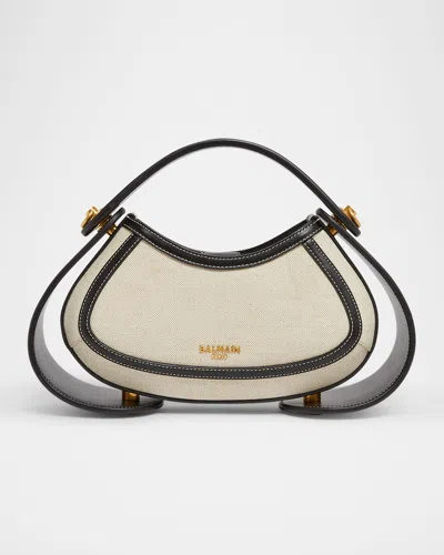 Balmain Jolie Madam Medium Top-handle Bag In Canvas And Box Leather In Naturel/noir