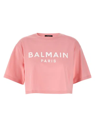 BALMAIN PINK CROPPED LOGO-PRINT T-SHIRT