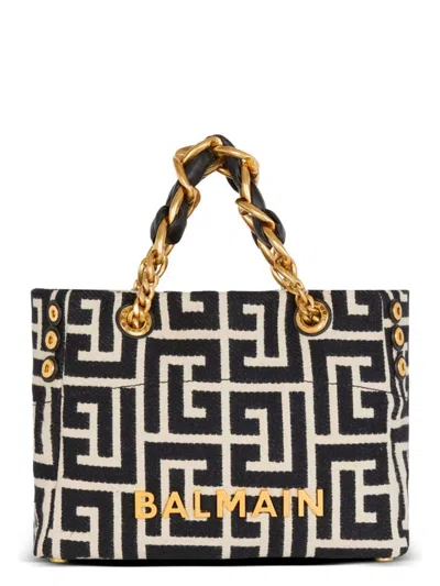 Balmain Monogram Jacquard Tote Bag In Black