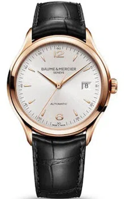 Baume And Mercier Baume & Mercier Clifton Automatic Men's Watch – 18kt Rose Gold, Silver Dial, Leather Strap In Black