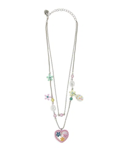 Betsey Johnson Faux Stone Spring Floral Heart Layered Necklace In Multi,rhodium