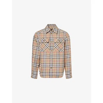 Burberry Mens Nut Ip Check Check-print Curved Hem Cotton And Linen Shirt Xl