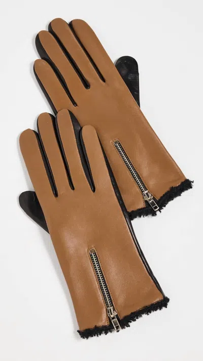 Carolina Amato Women's Shearling Vent Zipper Gloves In Lug/black In Multi