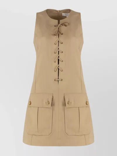 Chloé Satin Cotton Dress With Button And Slit In Brown