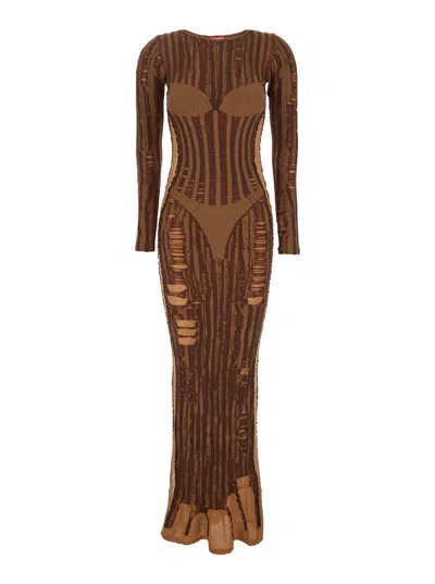 Diesel M-calimera Brown Long Dress With Second Skin Effect And Semi-transparent Design In Cotton Blend Woma