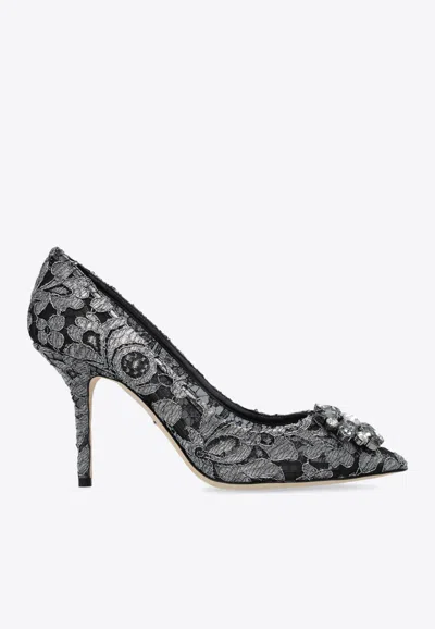 Dolce & Gabbana Bellucci 90 Brooch Embellished Lace Pumps In 灰色