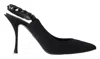 DOLCE & GABBANA BLACK EMBELLISHED CHARMEUSE SLINGBACK HEELS SHOES