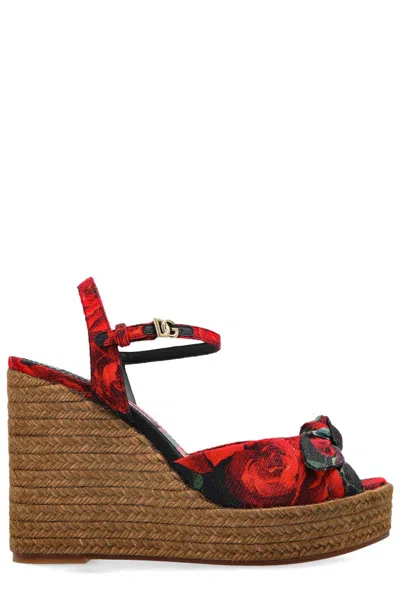Dolce & Gabbana Floral Motif Wedge Sandals In Red