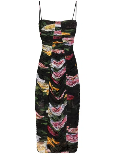 Dolce & Gabbana Paneled Ruched Floral-print Tulle Dress In Multi