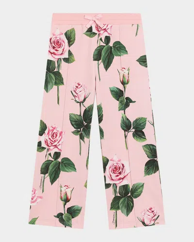 Dolce & Gabbana Kids' Girl's Rose-print Wide Leg Pants In Pink