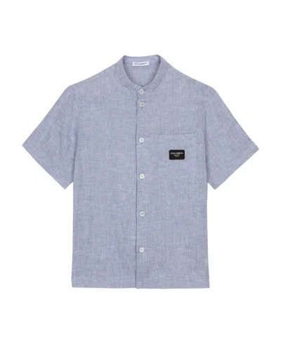 Dolce & Gabbana Kids' Logo-patch Linen Shirt In Blue