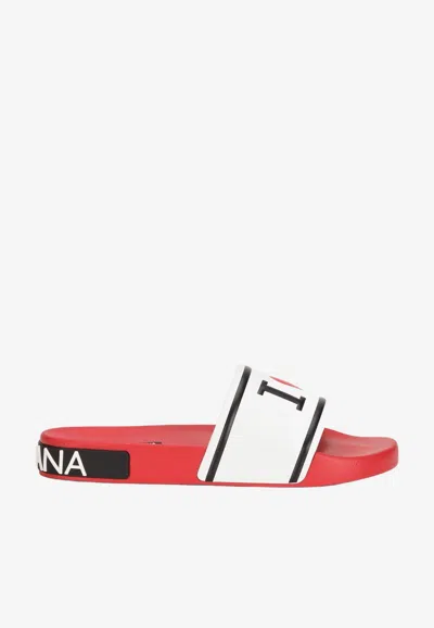 Dolce & Gabbana Logo Rubber Slides In Red